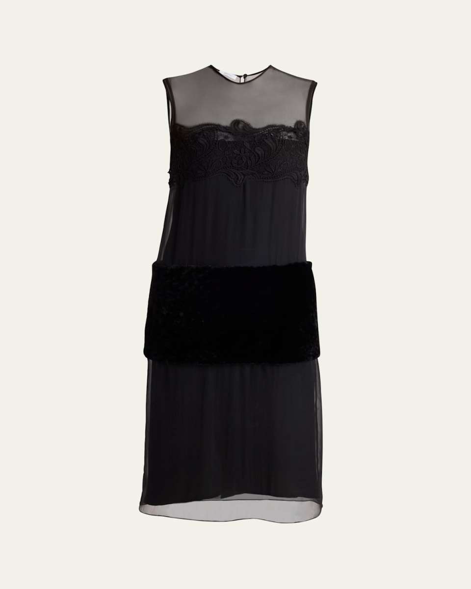 Silk Chiffon Velvet Panel Sleeveless Midi Dress